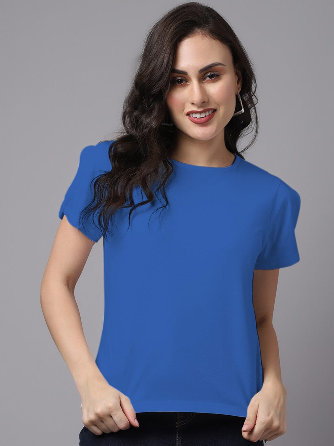 

Friskers Women Blue Solid High-Low Cotton Top