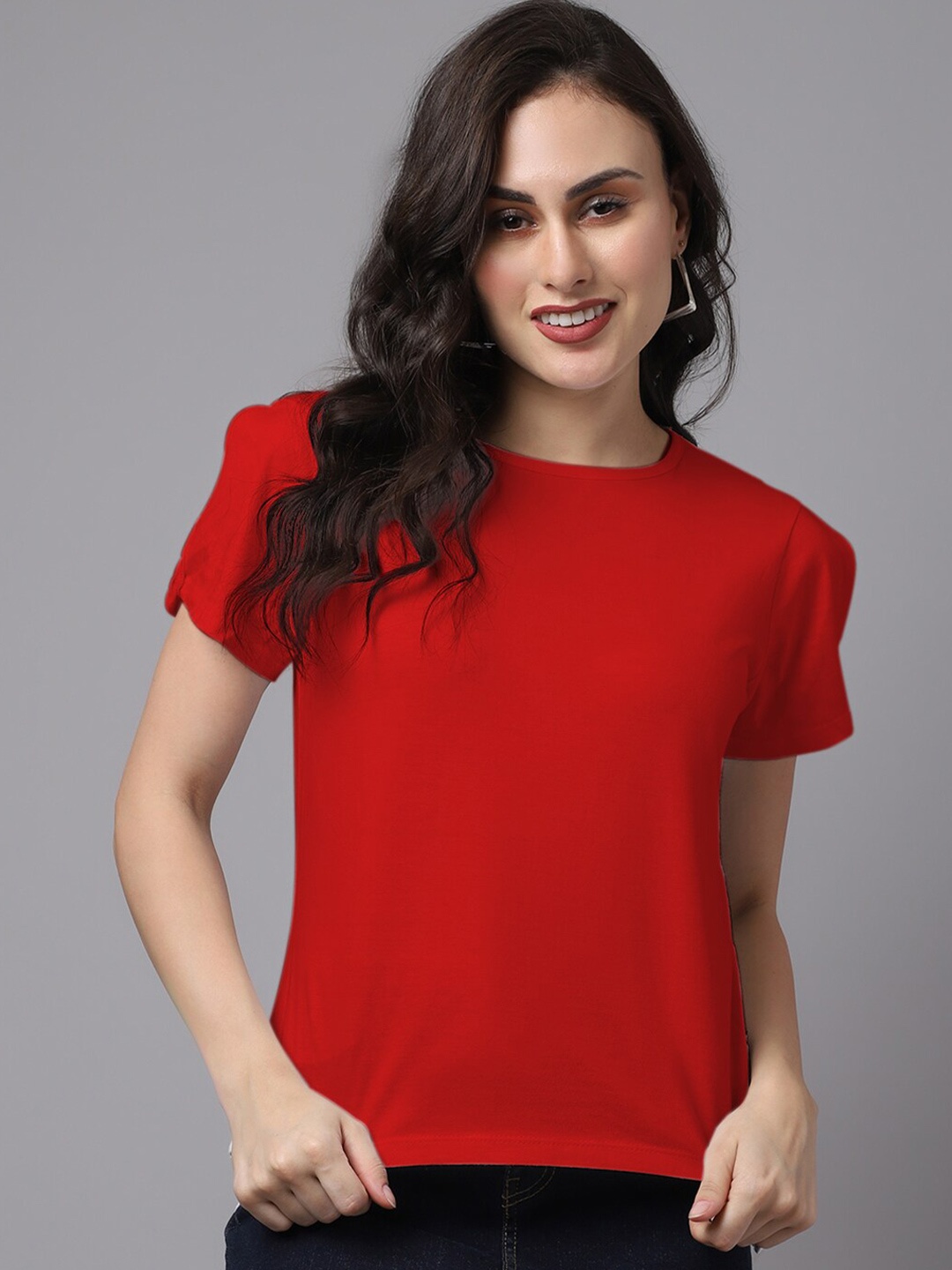 

Friskers Women Red Solid High-Low Cotton Top