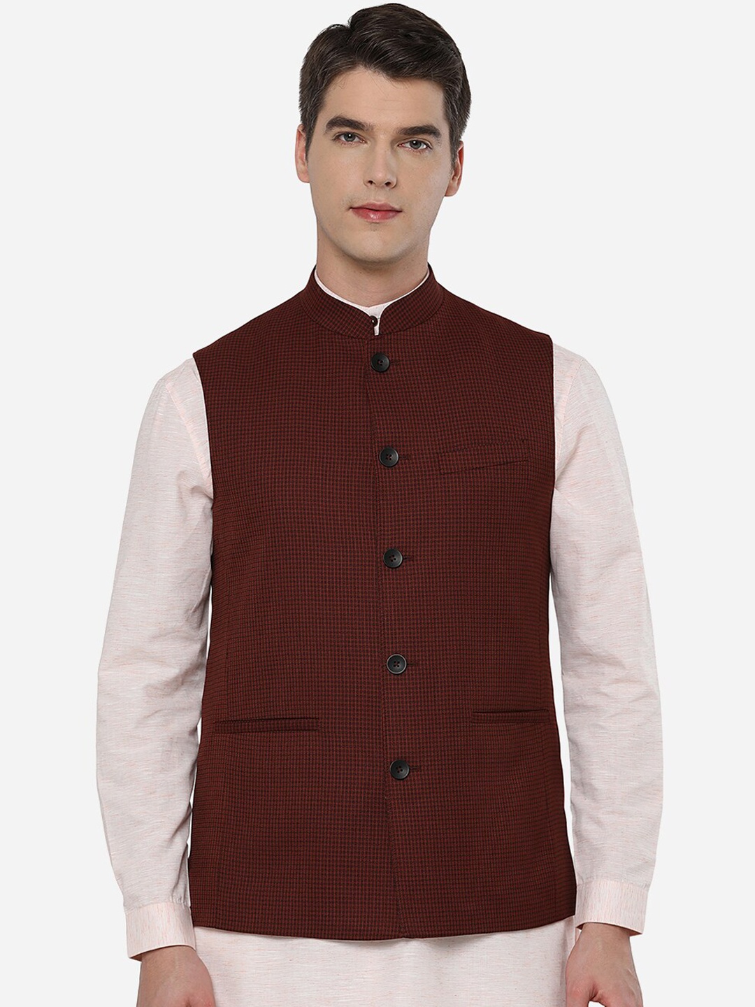 

JADE BLUE Men Maroon Checked Tailored Jacket
