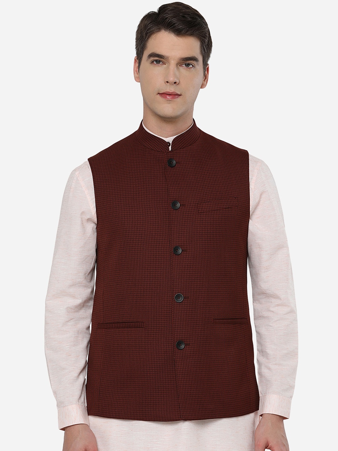 

JADE BLUE Men Maroon Checked Tailored Jacket