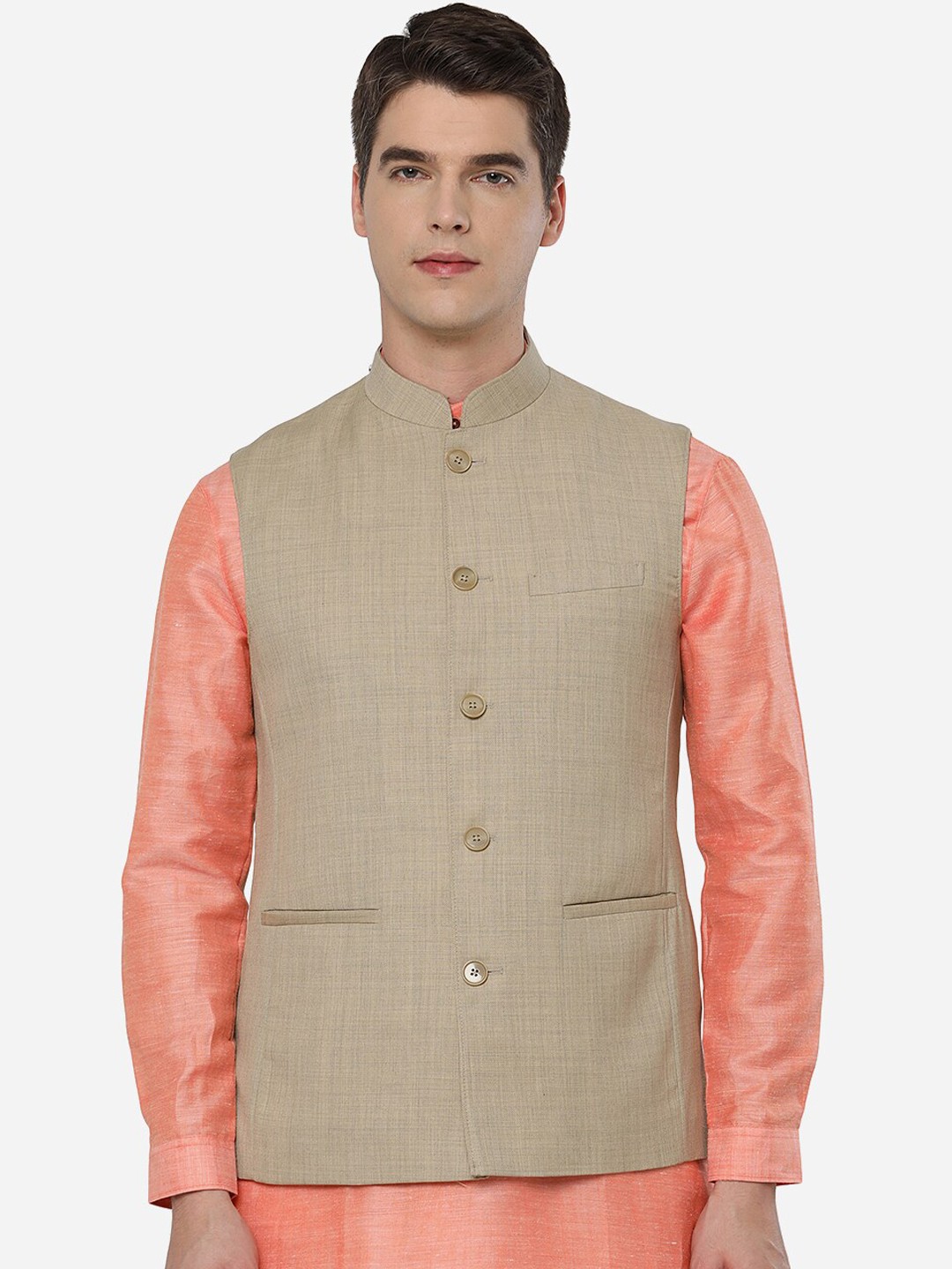 

JADE BLUE Men Beige Tailored Nehru Jacket