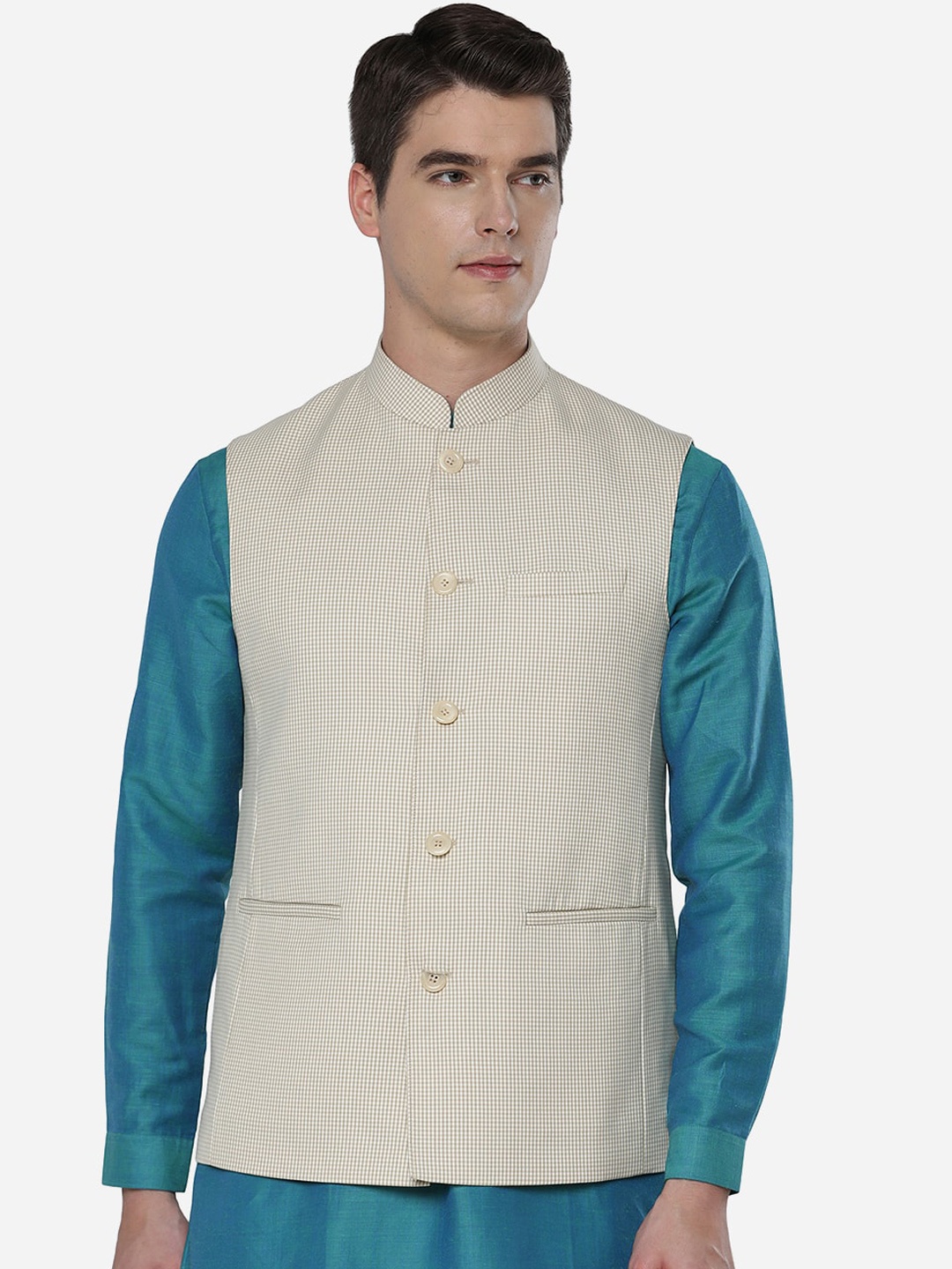 

JADE BLUE Men Cream-Coloured Checked Nehru Jacket