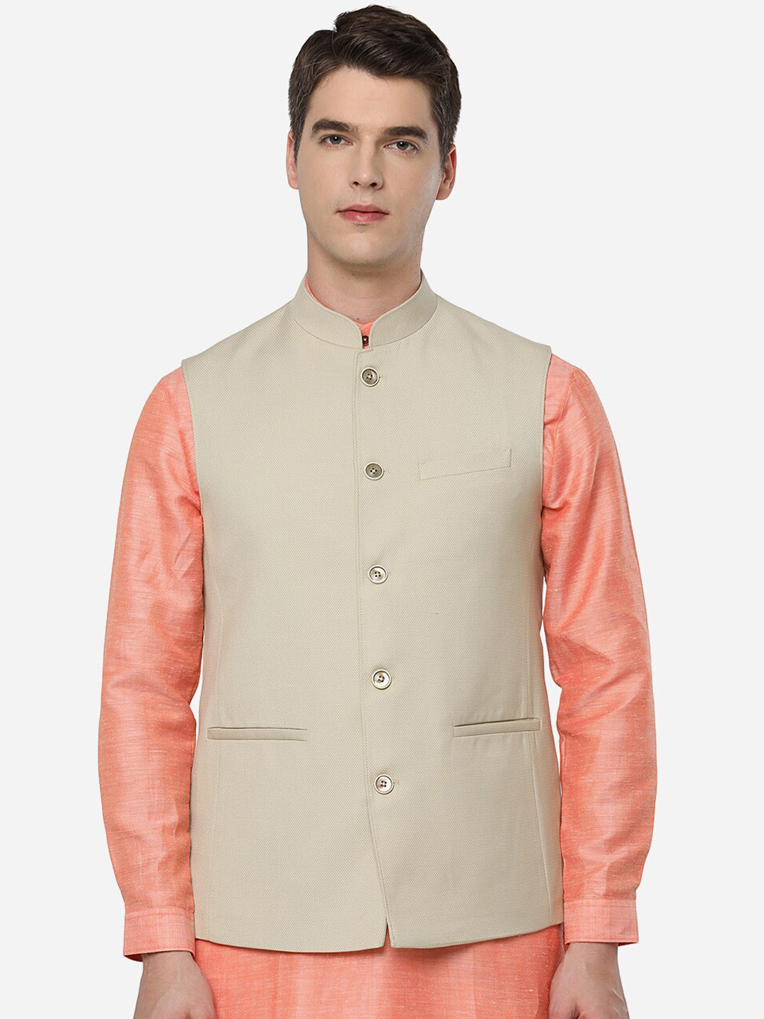 

JADE BLUE Men Beige Tailored Nehru Jacket