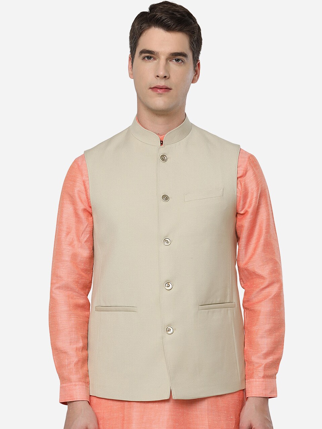 

JADE BLUE Men Beige Solid Nehru Jacket