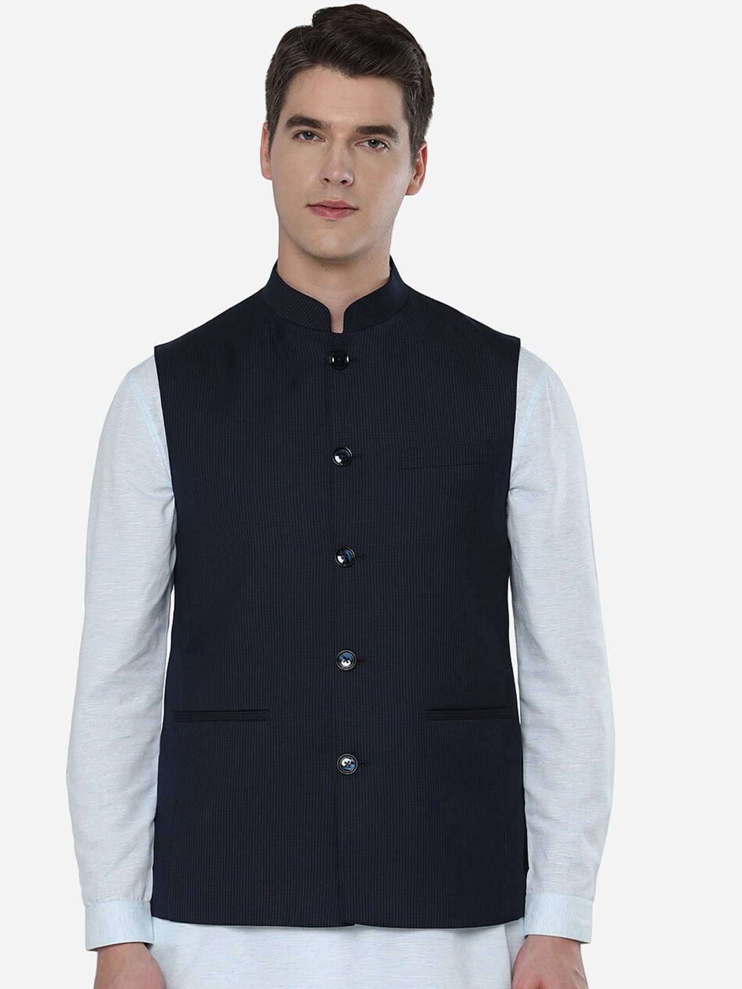 

JADE BLUE Men Navy Blue Checked Tailored Jacket