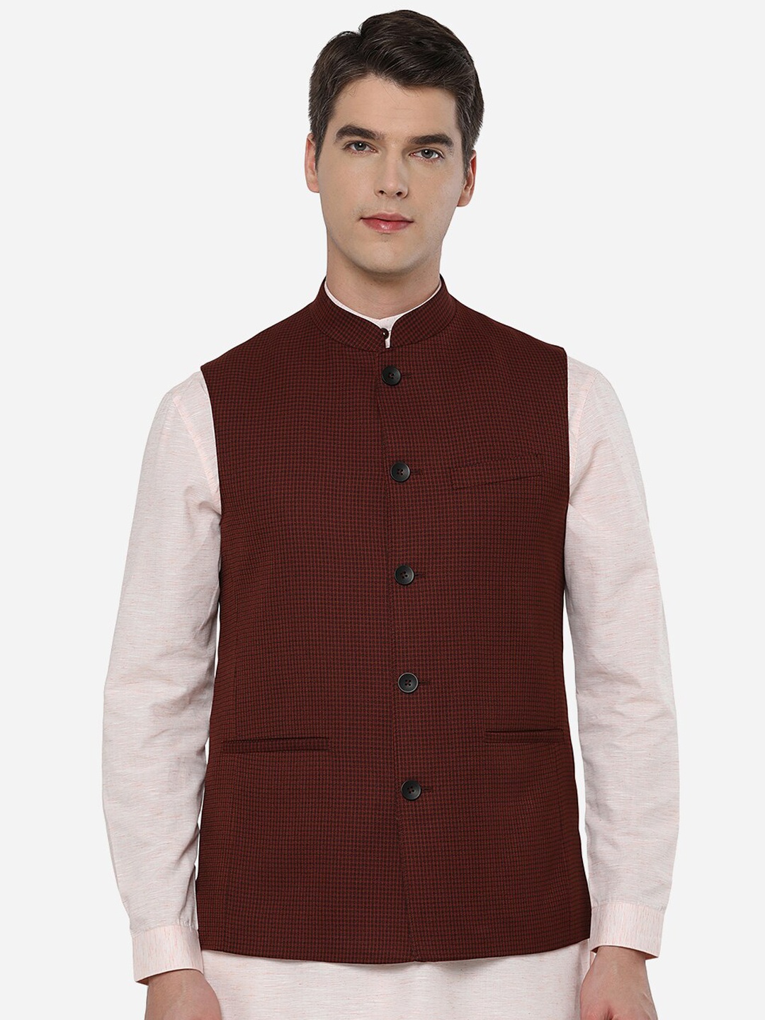 

JADE BLUE Men Maroon Solid Nehru Jacket