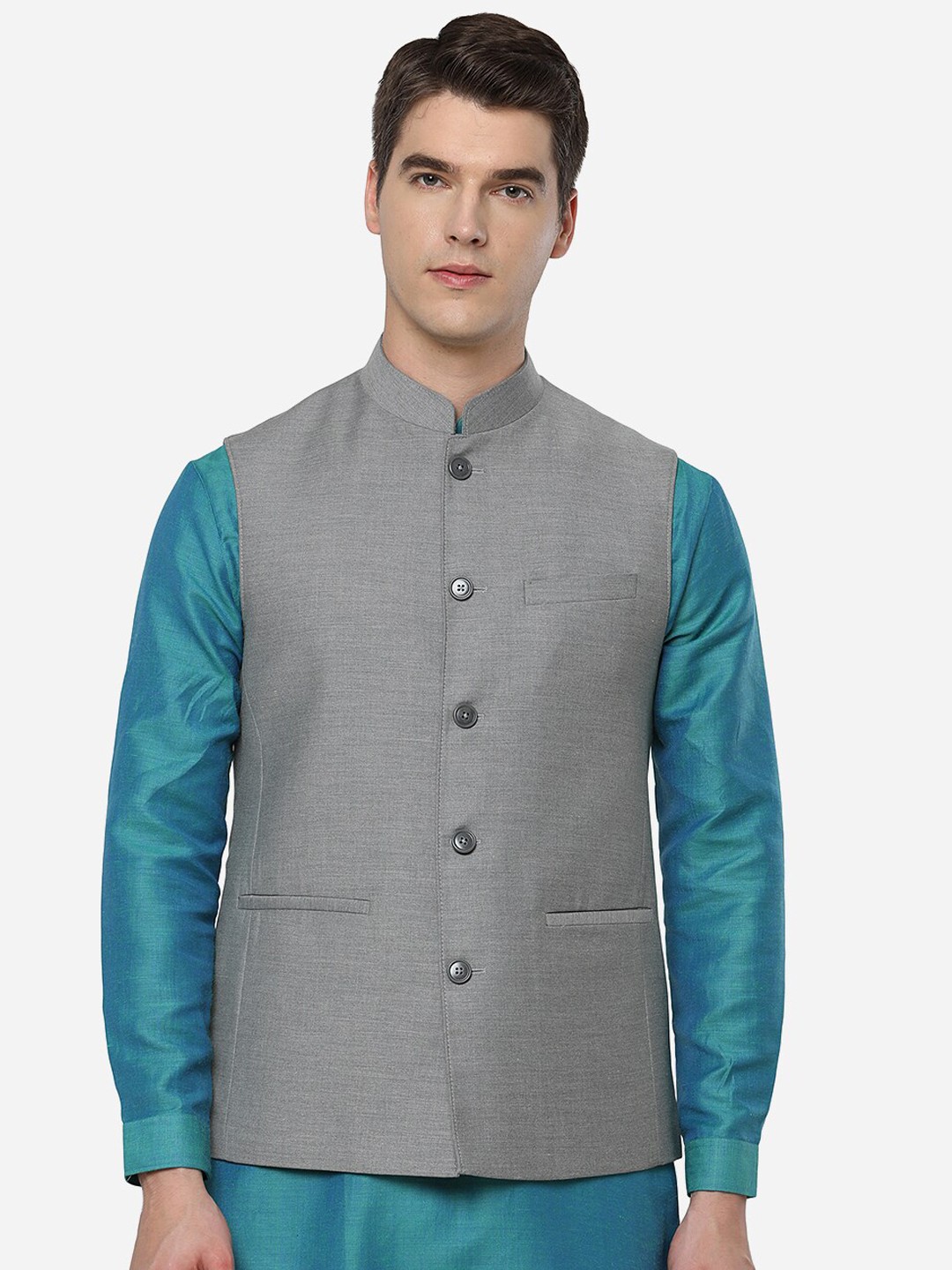 

JADE BLUE Men Grey Solid Nehru Jacket