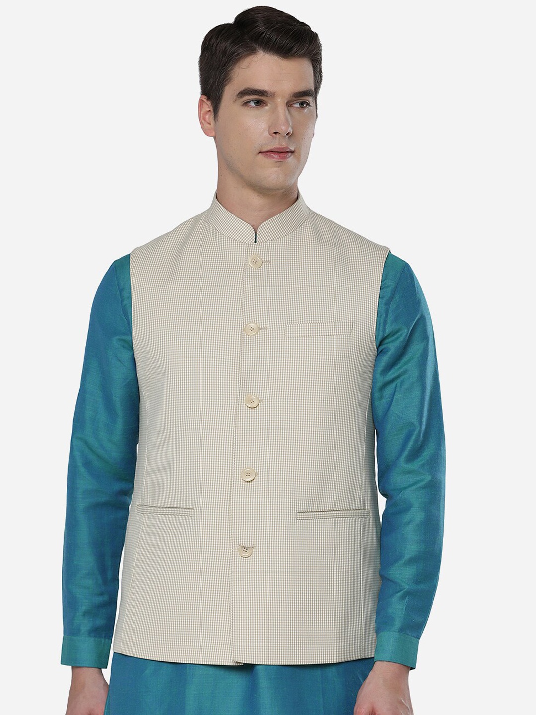 

JADE BLUE Men Khaki Solid Nehru Jacket