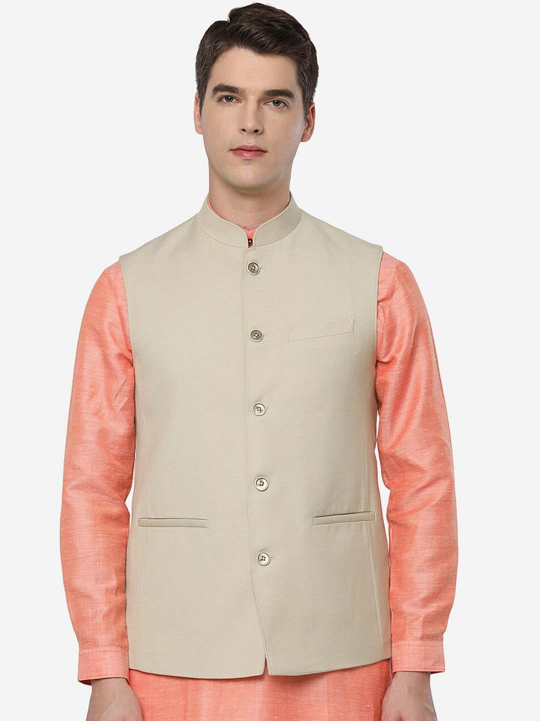 

JADE BLUE Men Beige Colourblocked Crop Tailored Jacket