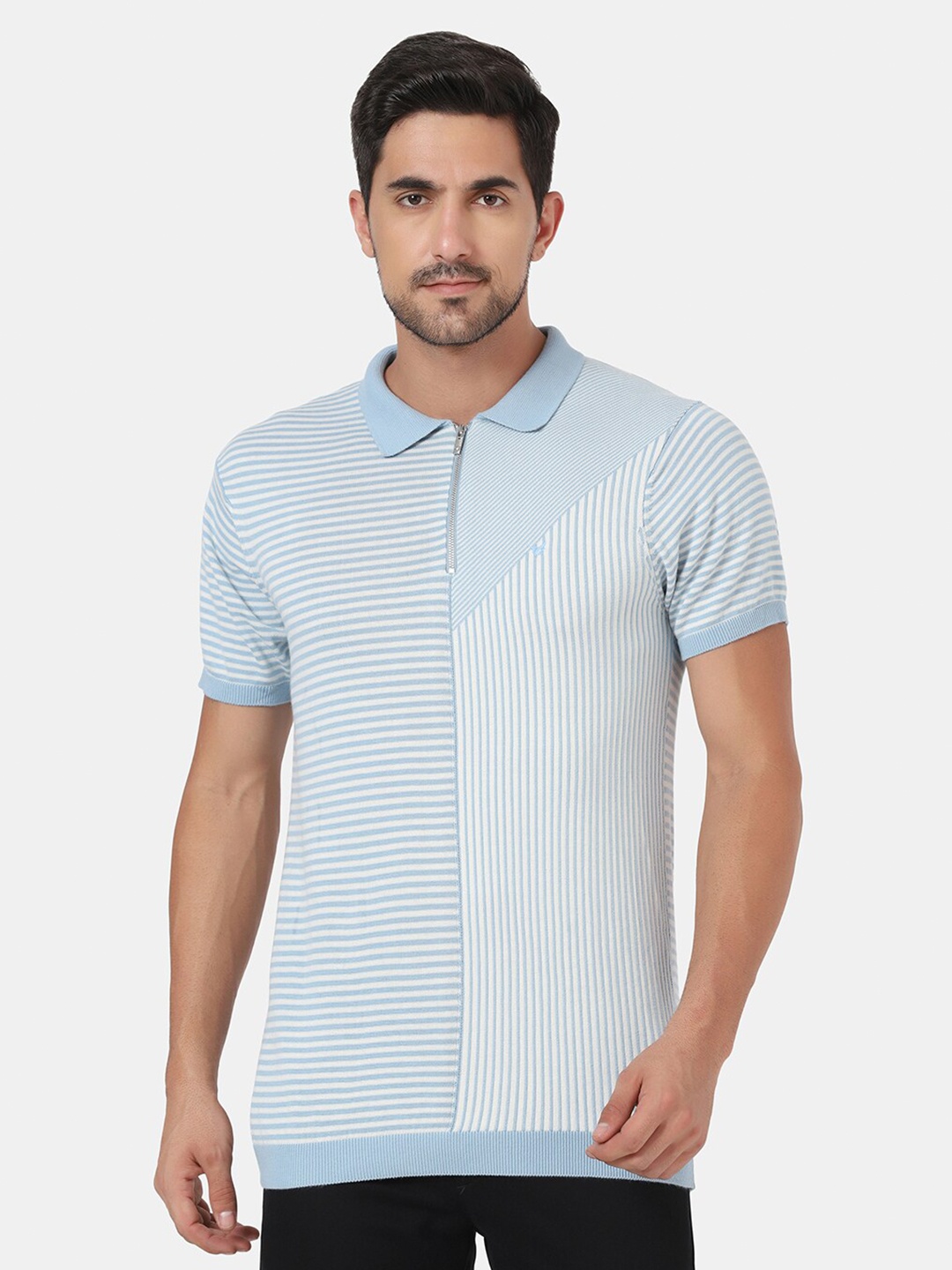 

Blackberrys Men Blue Striped Polo Collar Slim Fit T-shirt