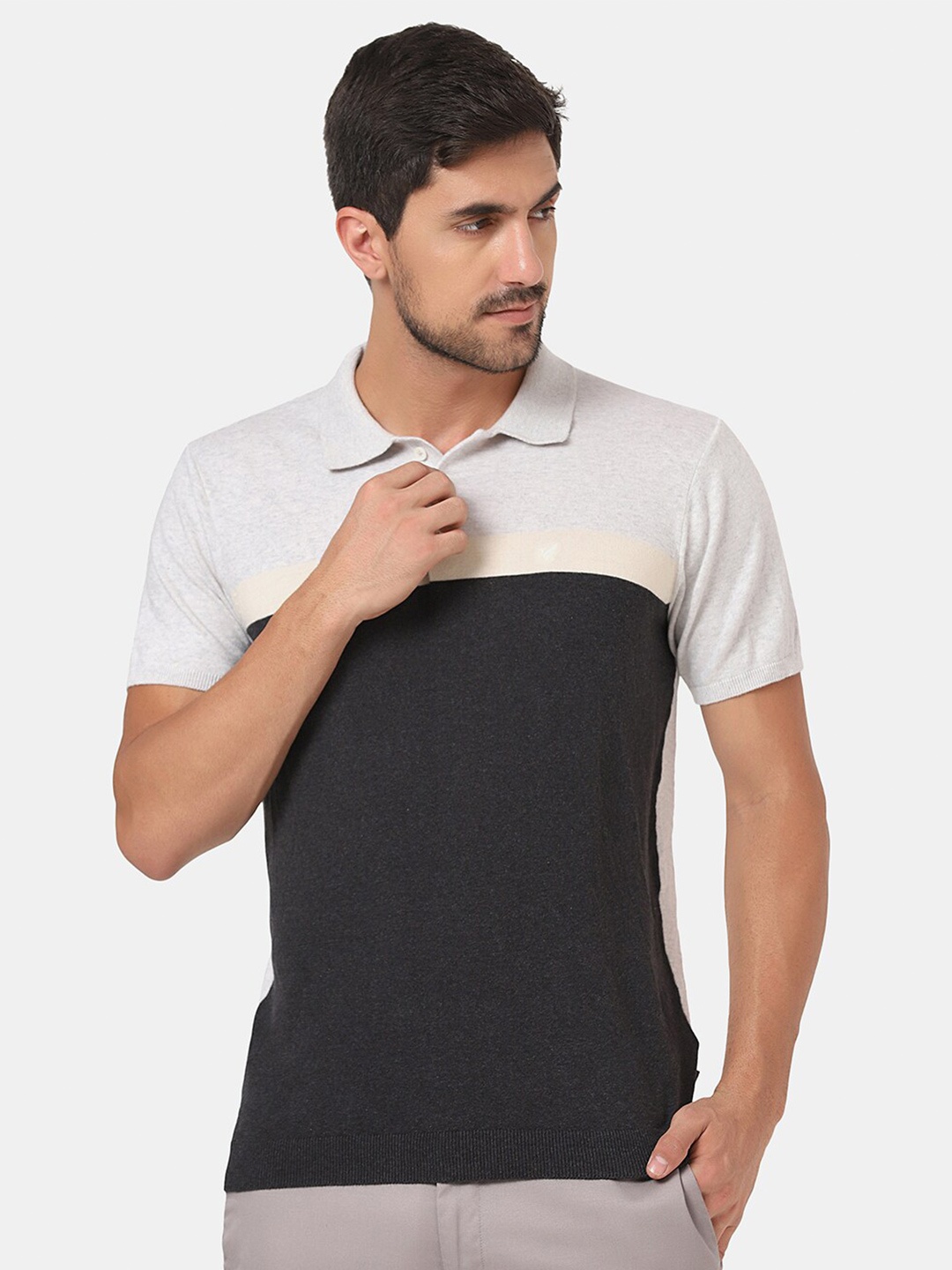 

Blackberrys Men Grey Colourblocked Polo Collar Slim Fit T-shirt