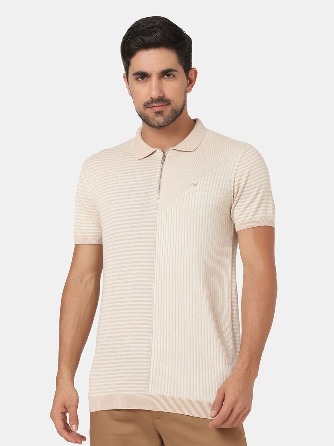 

Blackberrys Men Beige Striped Polo Collar Raw Edge Slim Fit T-shirt