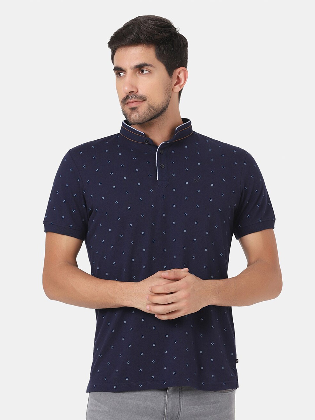 

Blackberrys Men Navy Blue Printed Mandarin Collar Slim Fit T-shirt