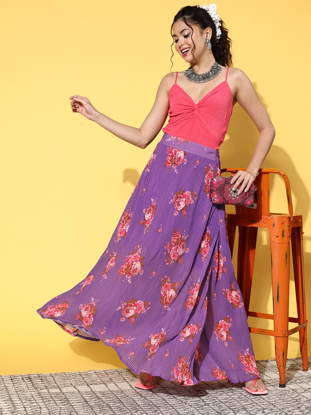 

InWeave Charming Purple Floral Plisse Skirt