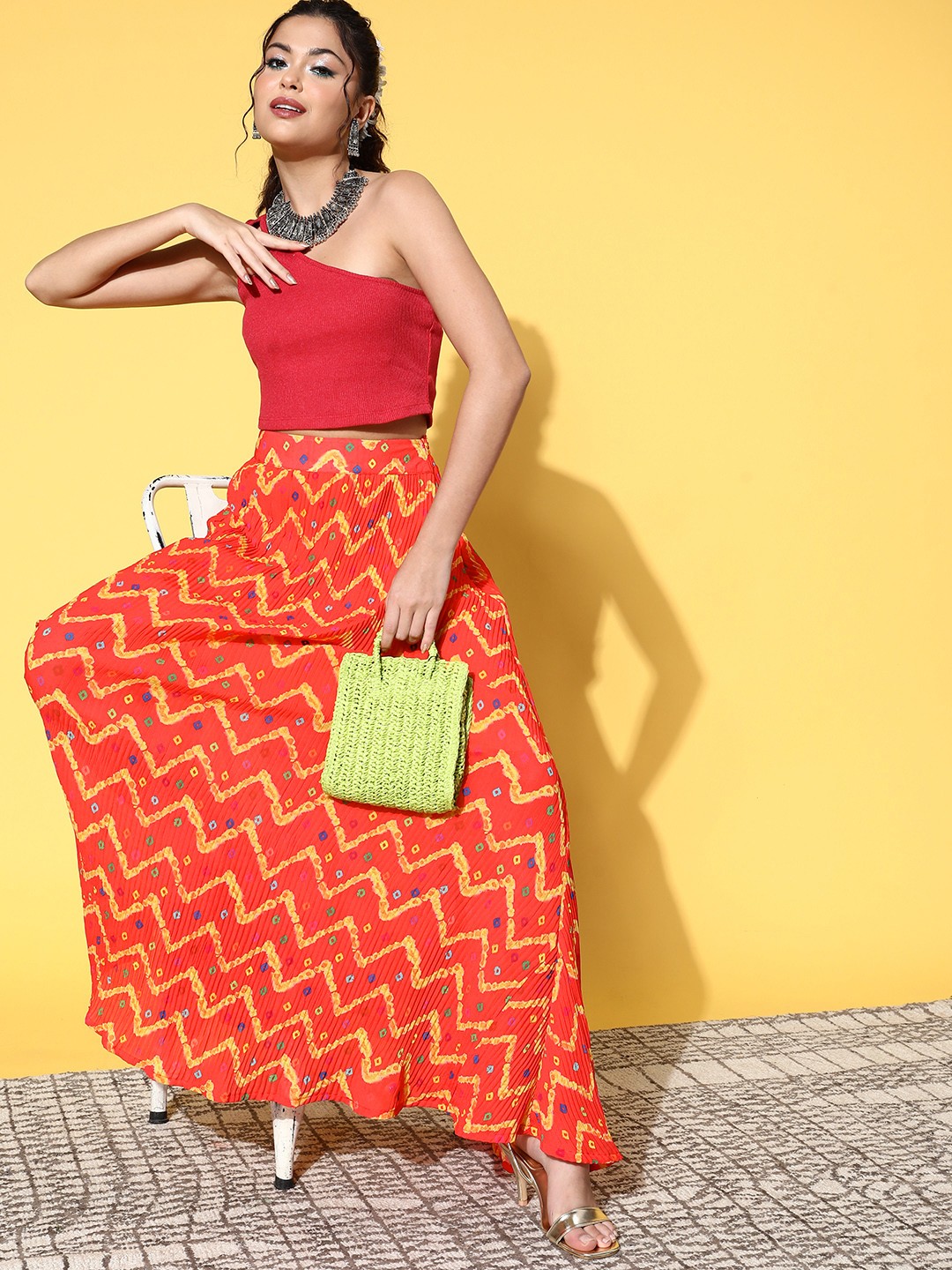 

InWeave Orange Geometric Plisse Skirt