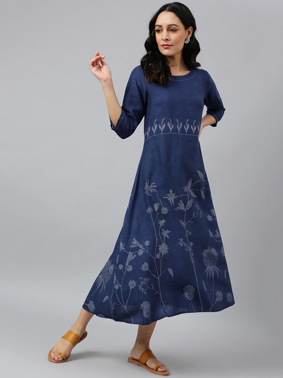 

W Women Blue Floral Printed Floral Handloom Anarkali Kurta