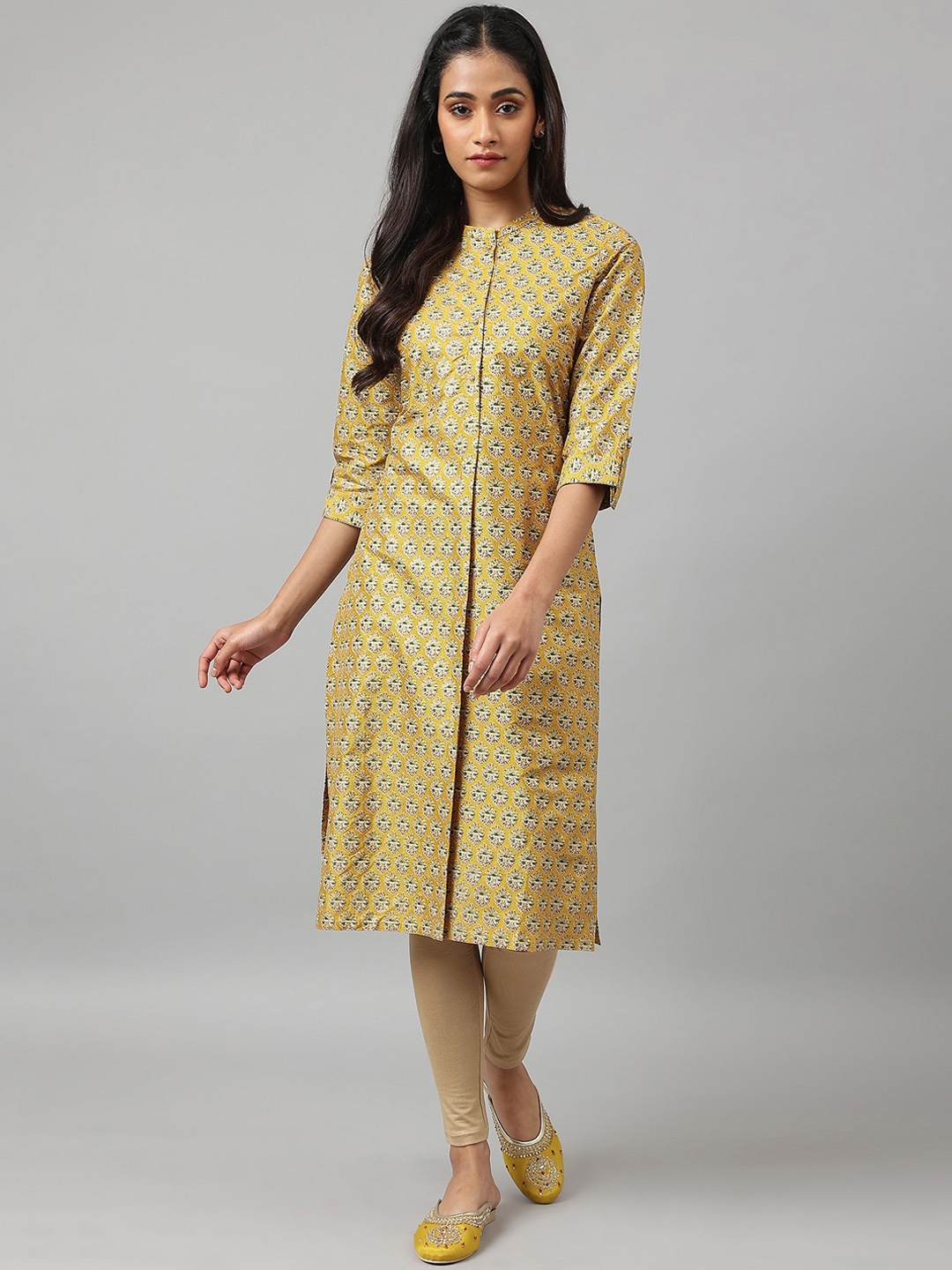 

W Women Yellow Geometric Printed Floral Kurta