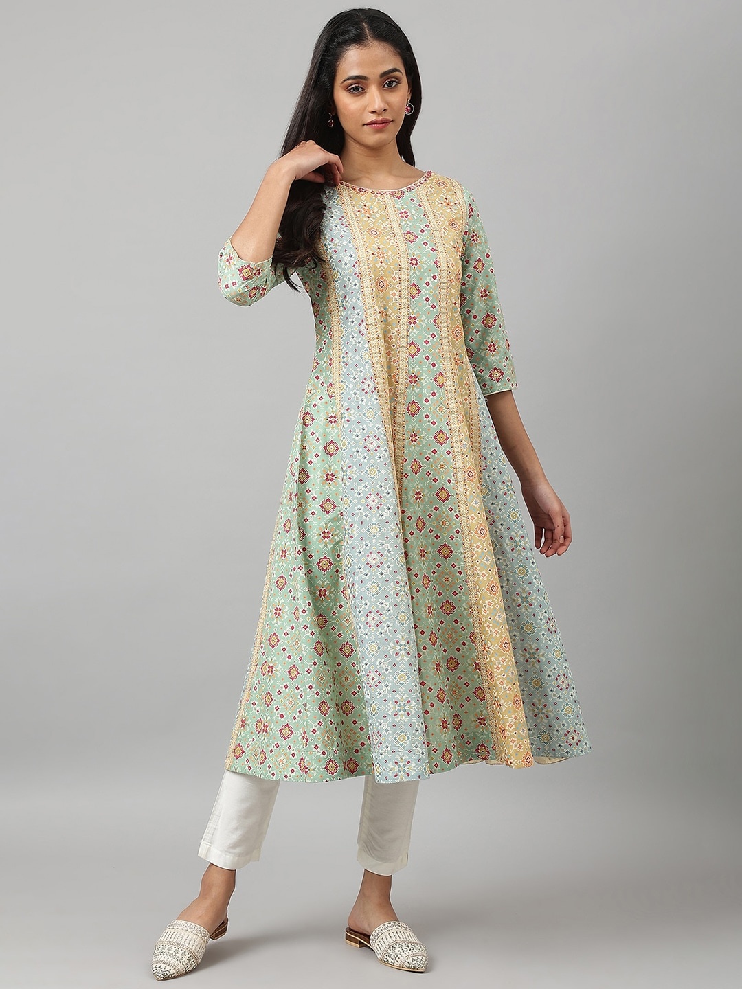 

W Women Anarkali Cotton Kurta, Blue