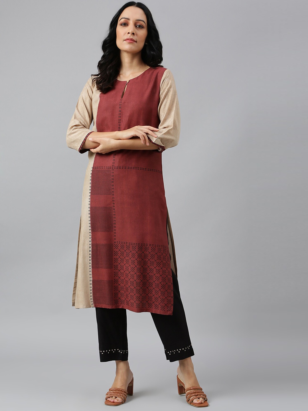 

W Women Rust Red And Beige Color Blocked Keyhole Neck Kurta