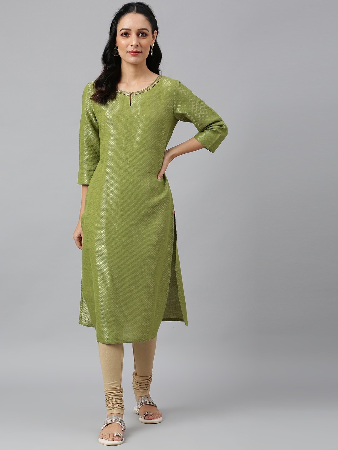 

W Women Green Keyhole Neck Kurta