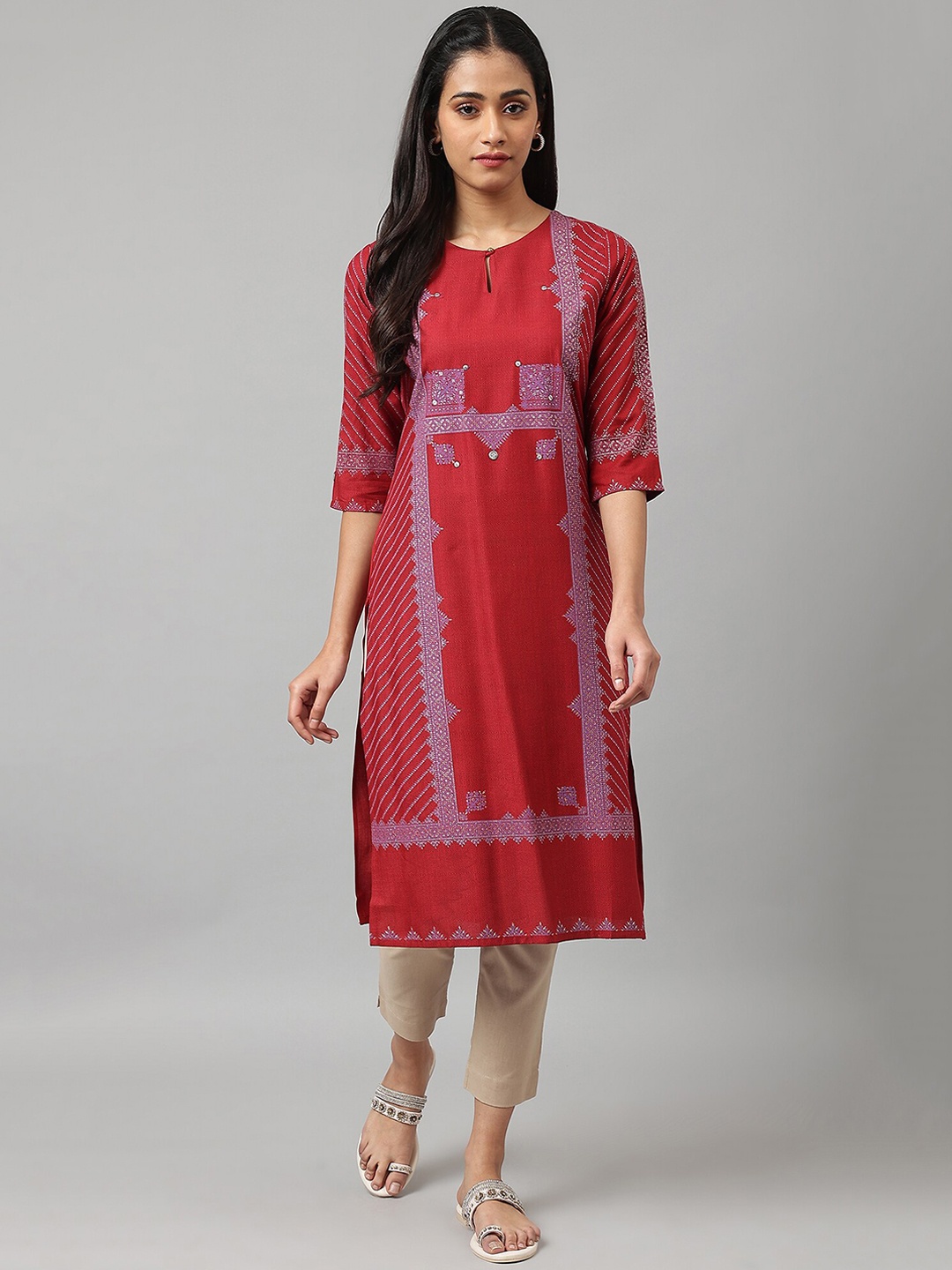 

W Women Red Geometric Printed Keyhole Neck Kurta