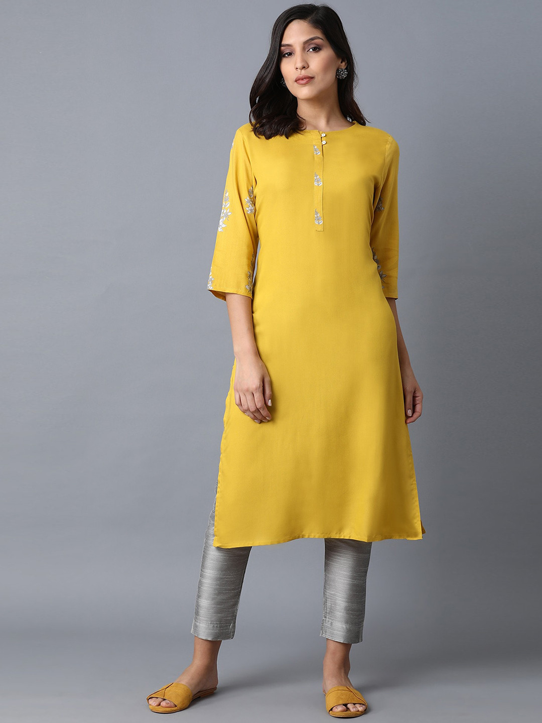 

W Women Yellow Thread Work Floral Handloom Kurta