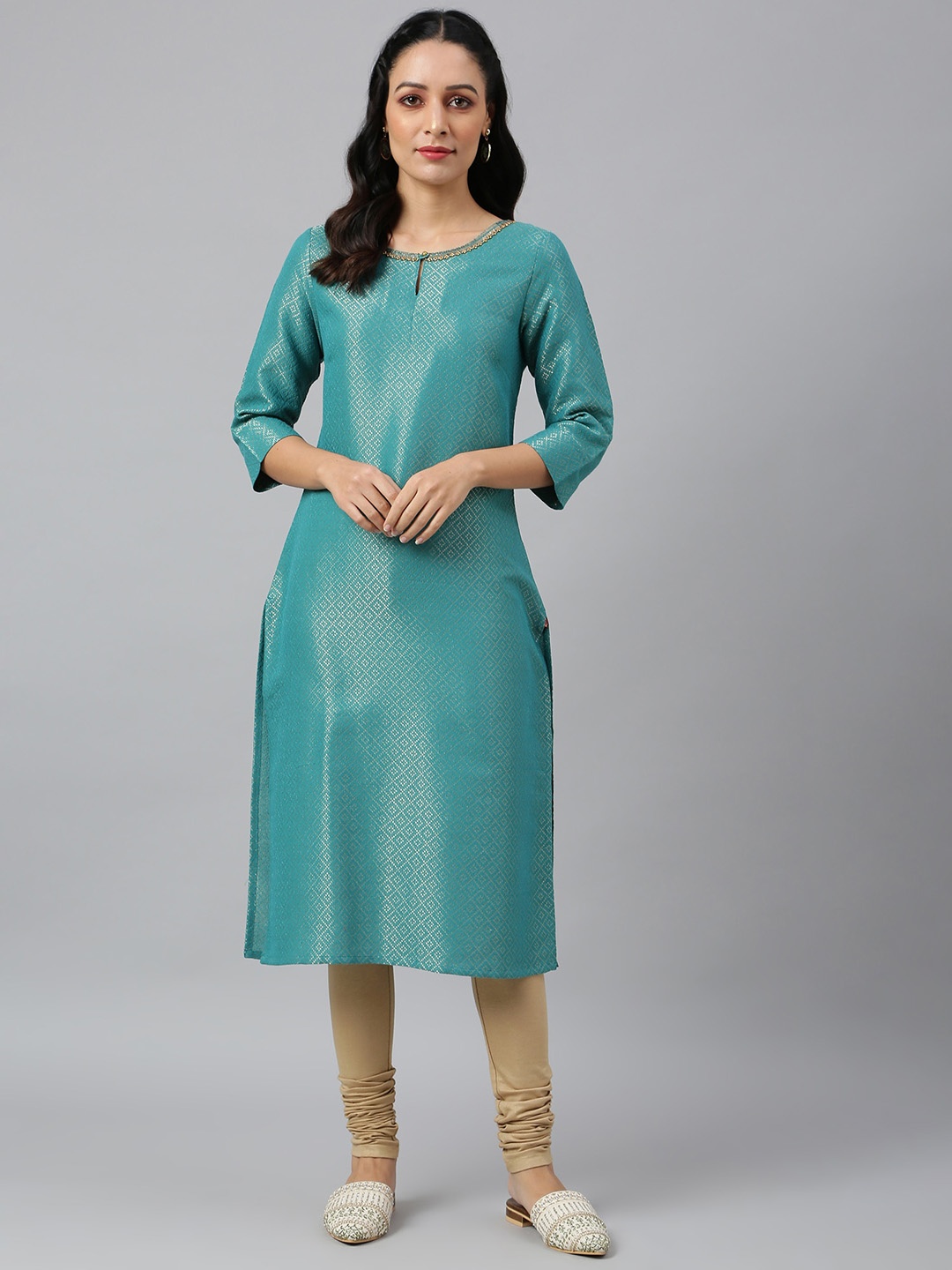 

W Women Teal Geometric Embroidered Keyhole Neck Kurta