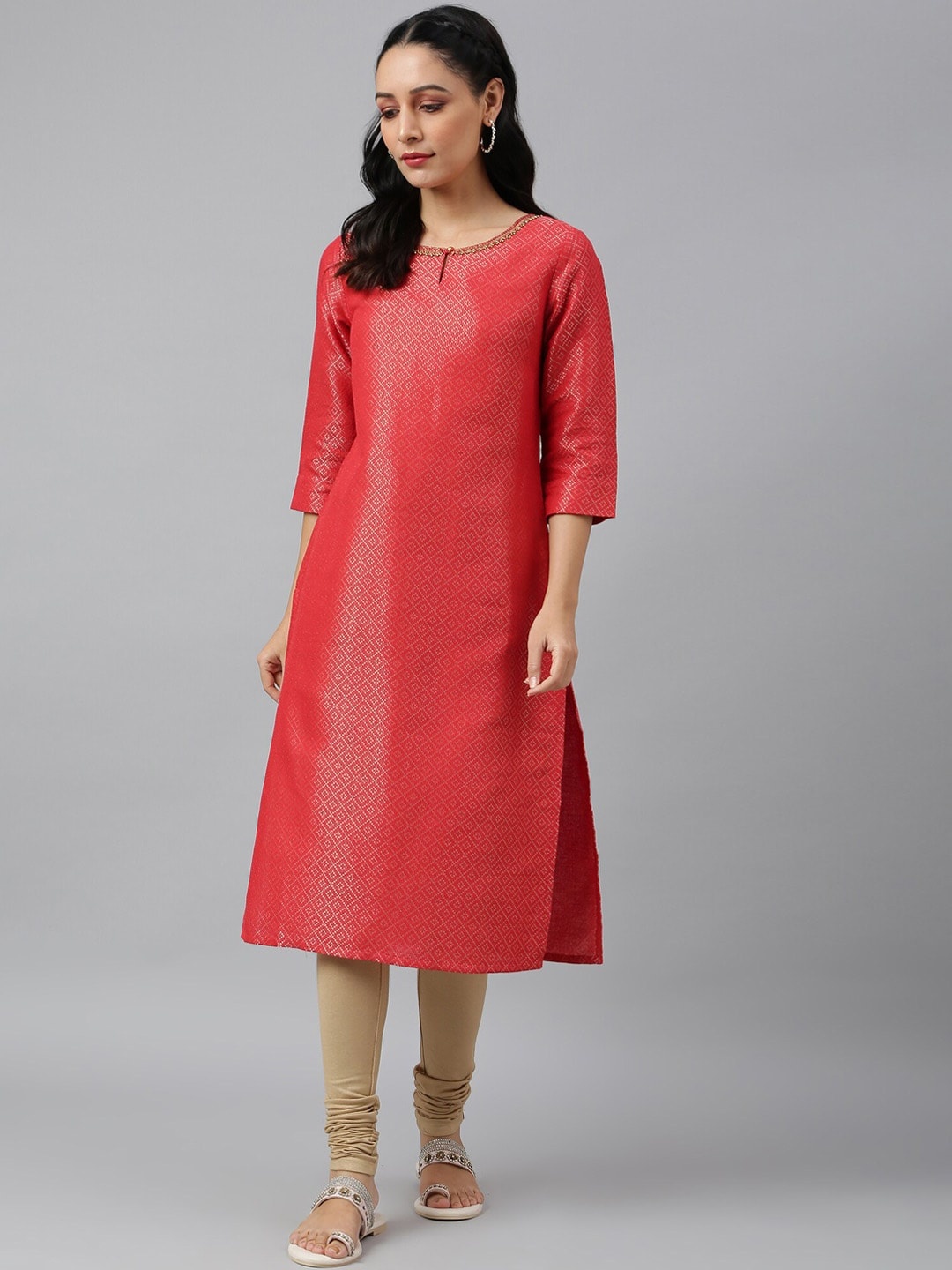 

W Women Red Woven Design Keyhole Neck Kurta