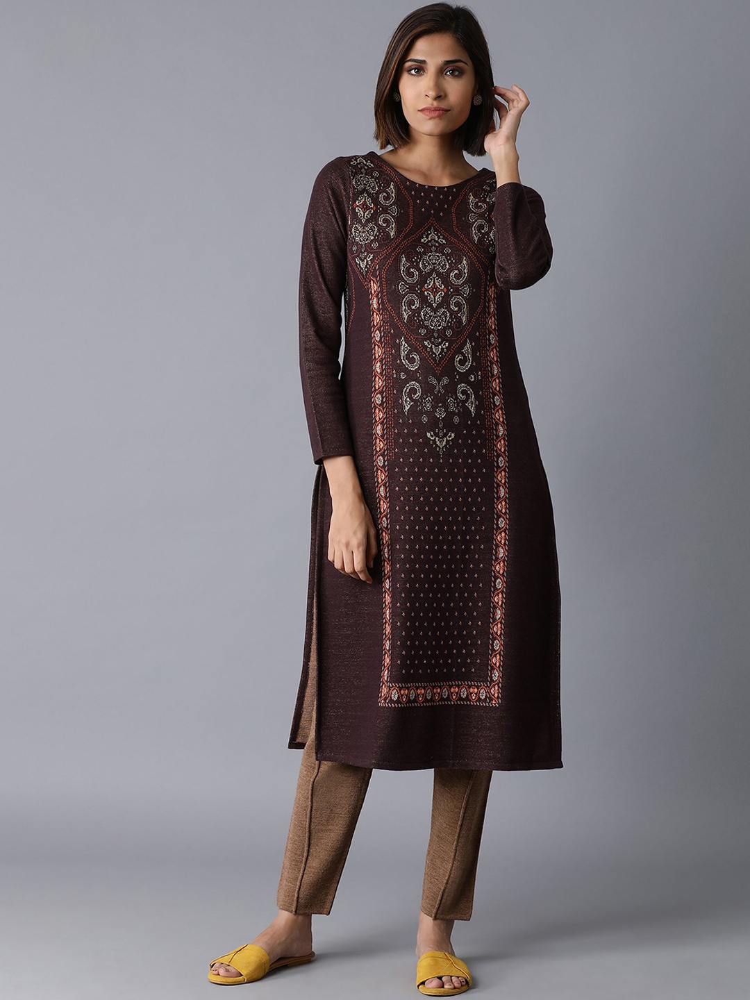 

W Women Brown Geometric Printed Kurta