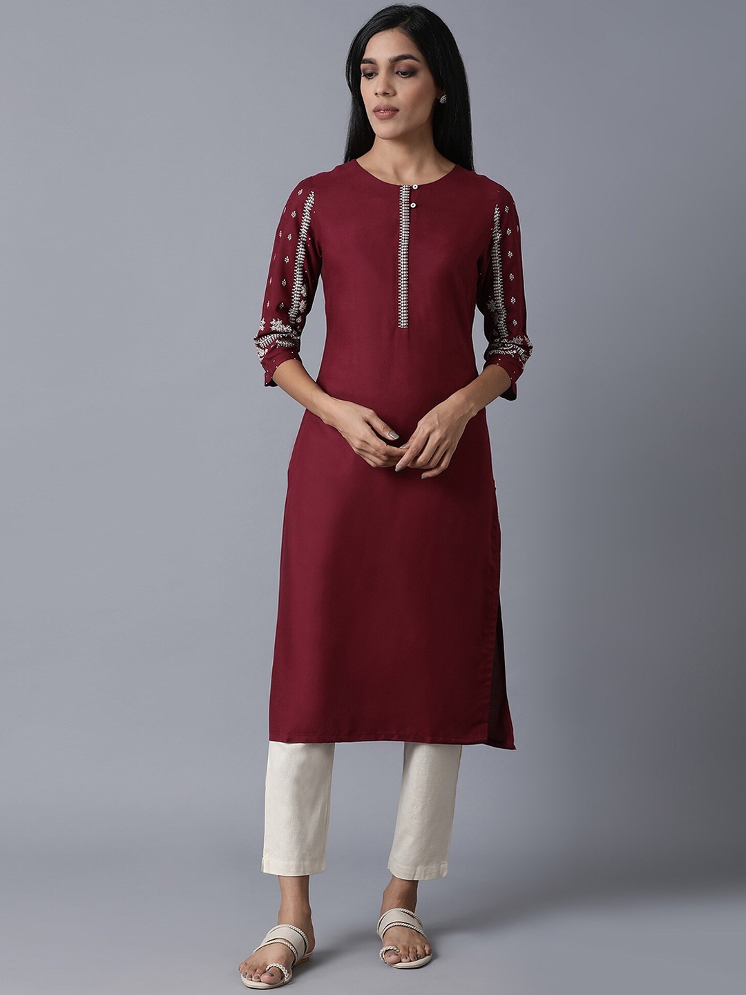 

W Women Red Keyhole Neck Thread Work Pastels Kurta