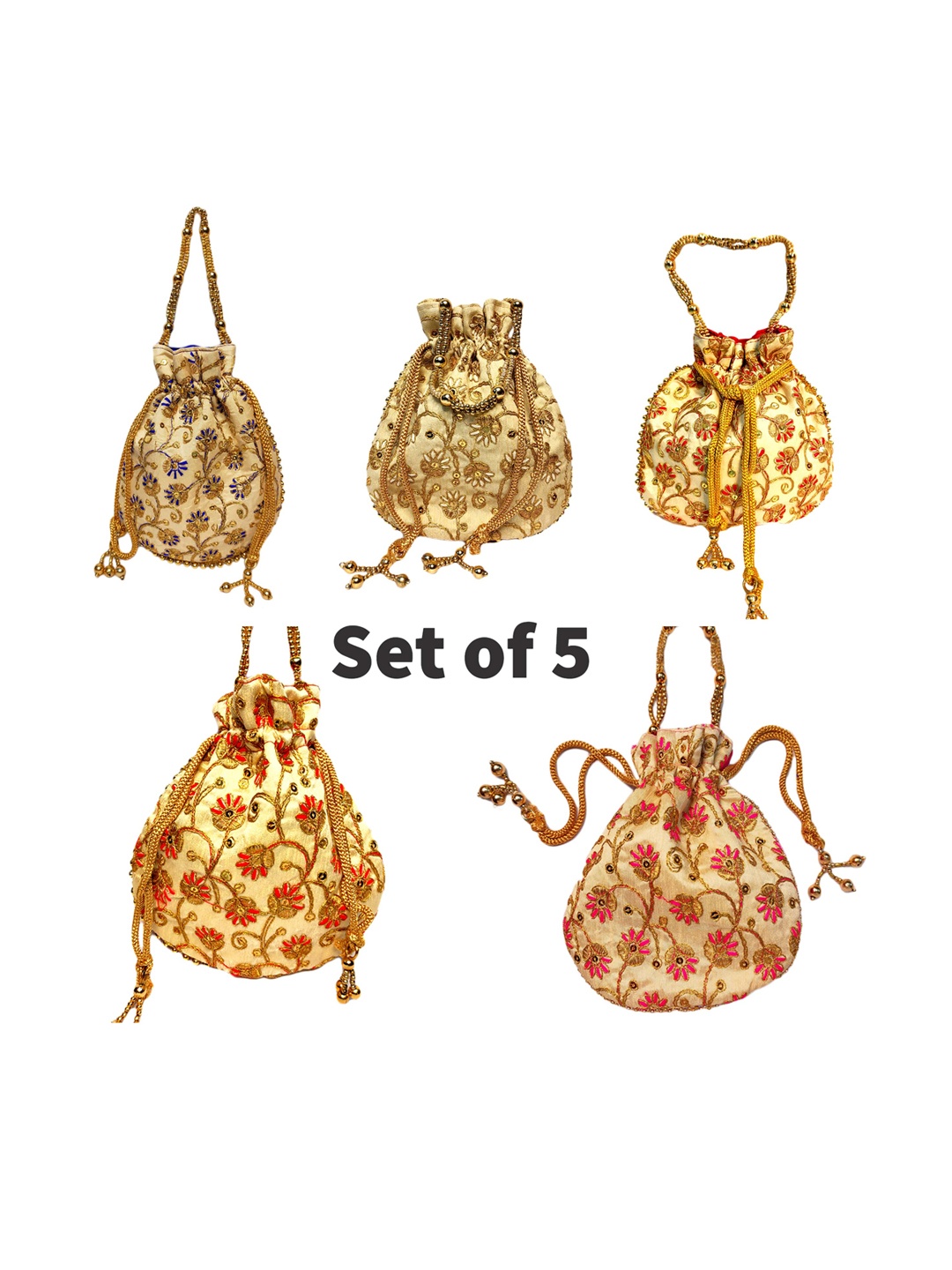 

CRAYTON Set of 5 Gold-Toned & Pink Embroidered Potli Clutch