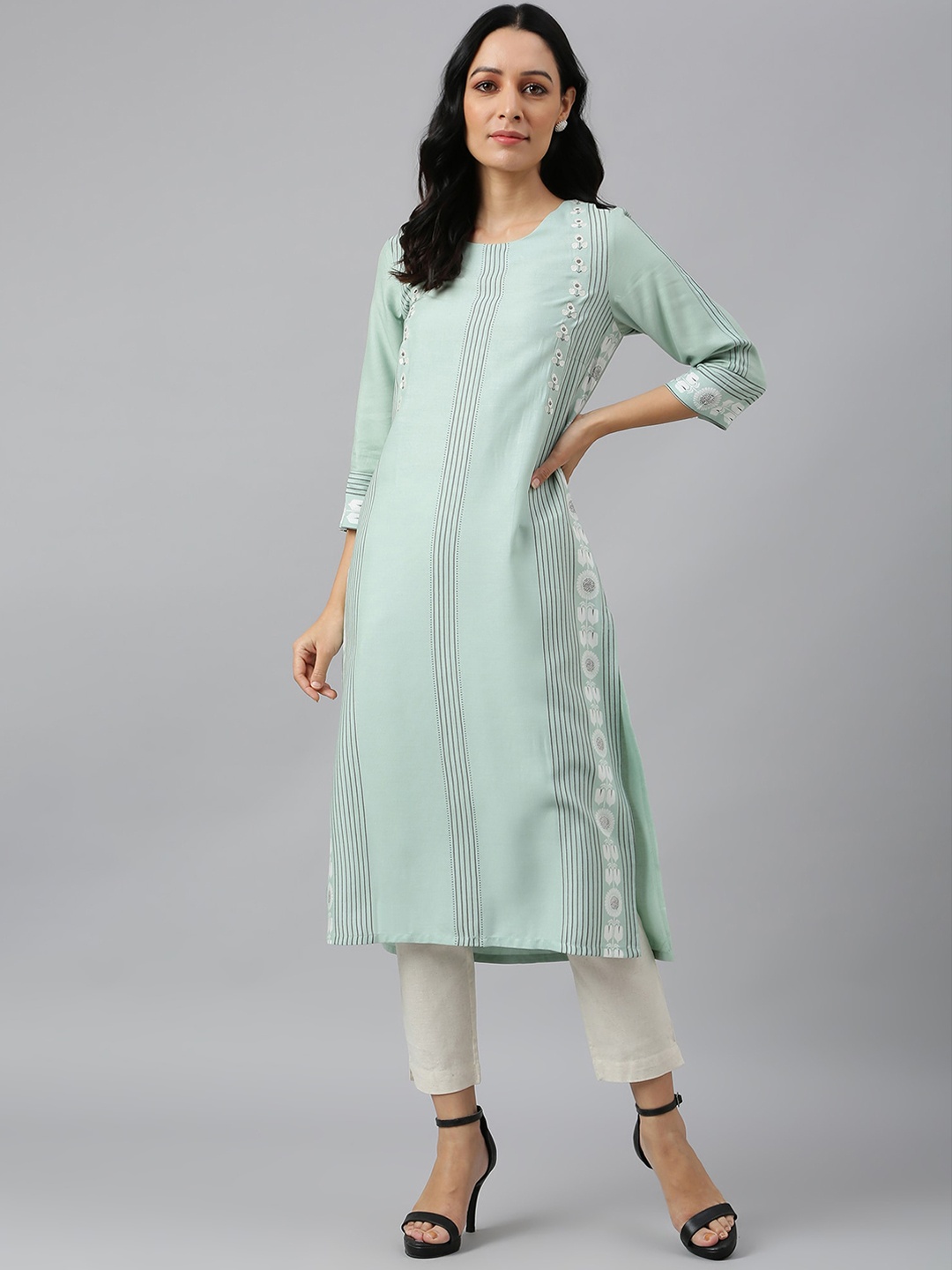 W Women Green Striped Thread Work Floral Viscose Rayon Kurta