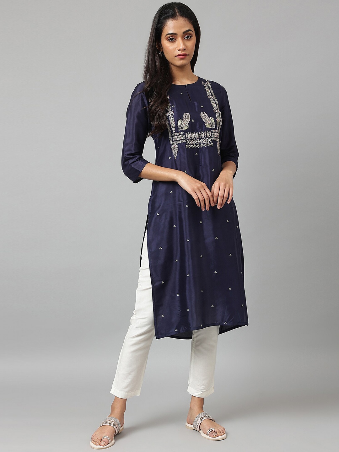 

W Women Blue Ethnic Motifs Printed Thread Work Indie Prints Kurta