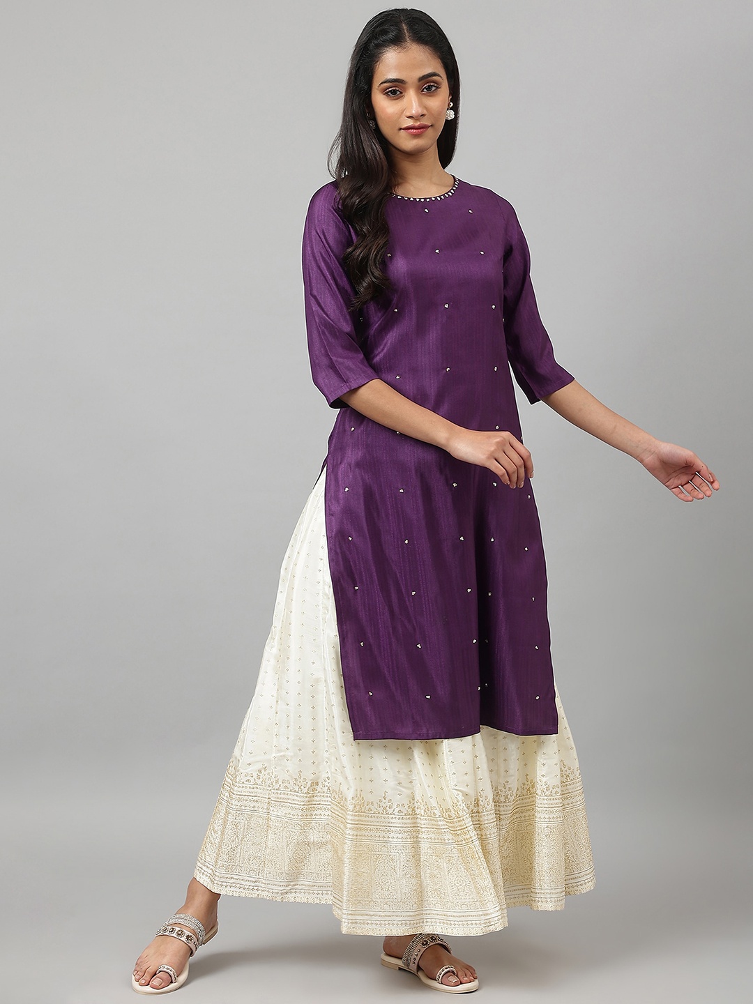 

W Women Purple Embellished Polyester Kurta