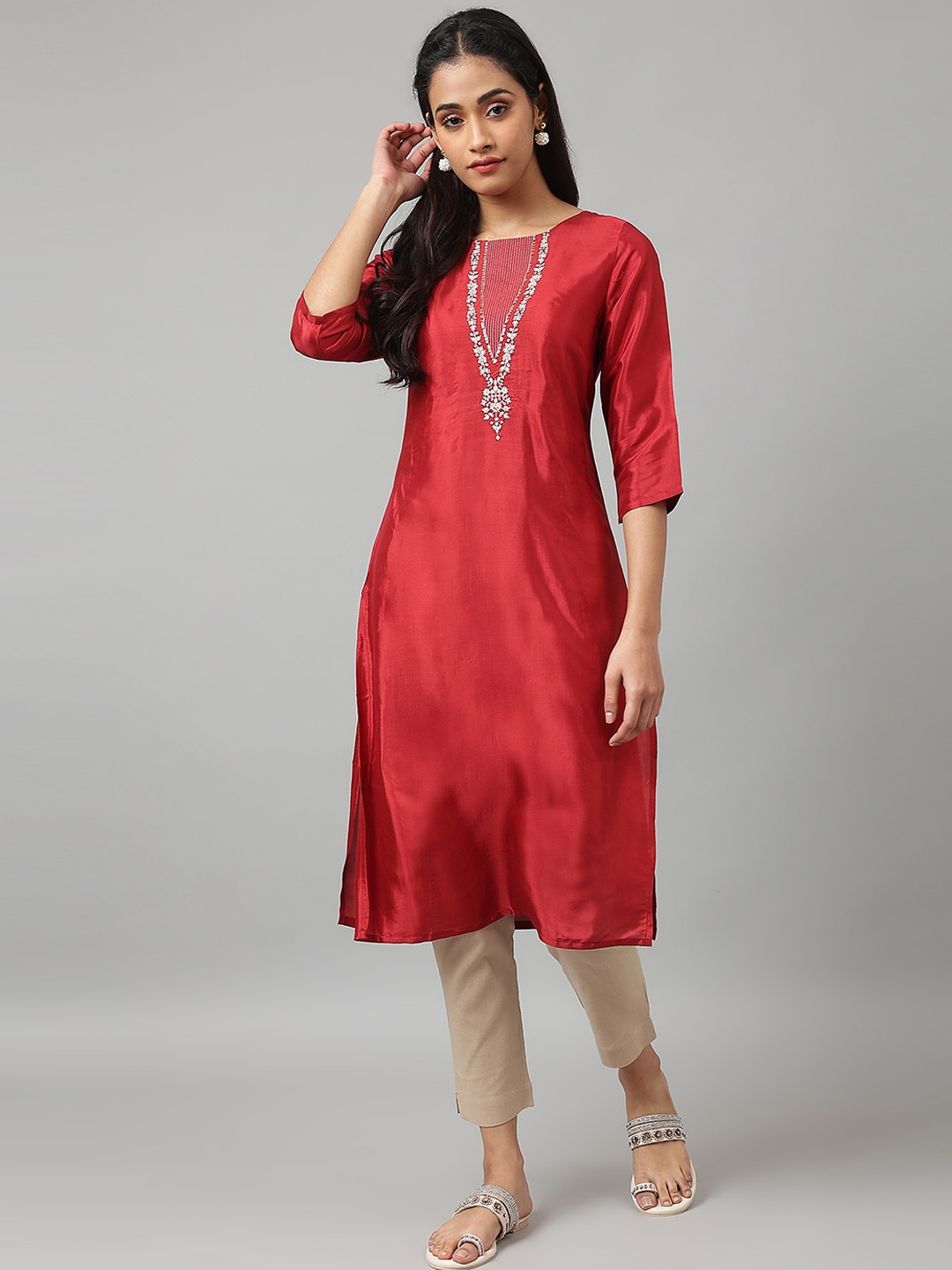 

W Women Red Indie Printed Round Neck Straight Kurta