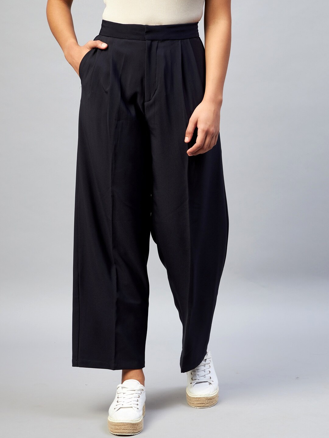 

DELAN Women Navy Blue Smart Flared High-Rise Polyester Trousers