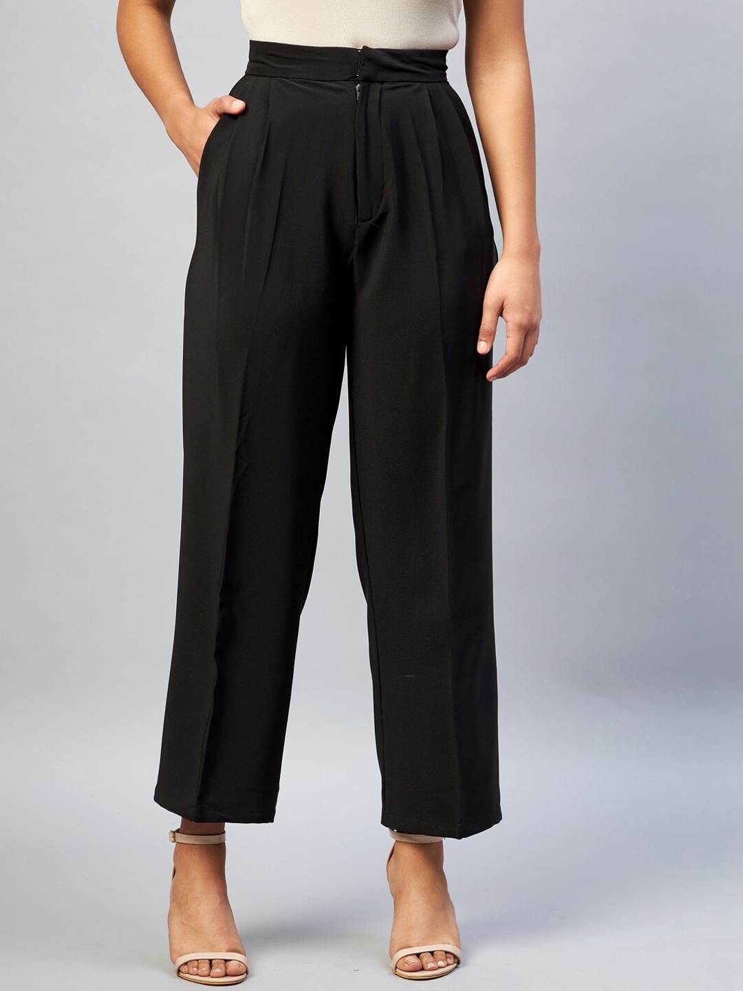 

DELAN Women Black Smart Flared High-Rise Polyester Trousers