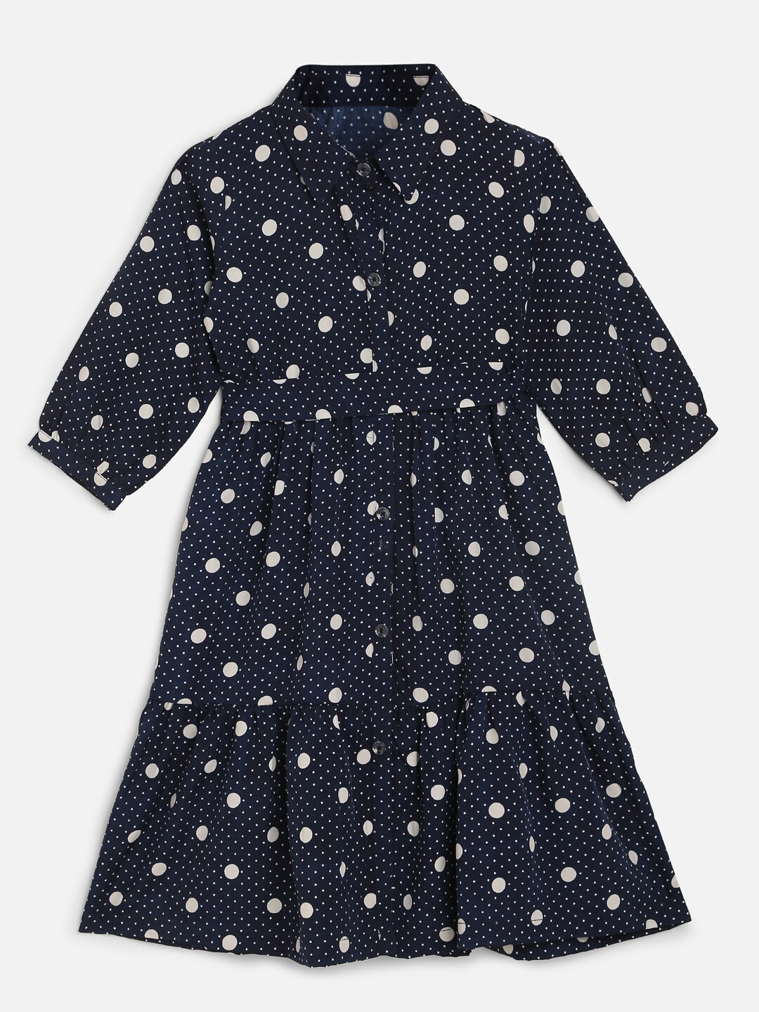 

YK Girls Navy Blue Polka Dot Tier Shirt Dress With Tie- up
