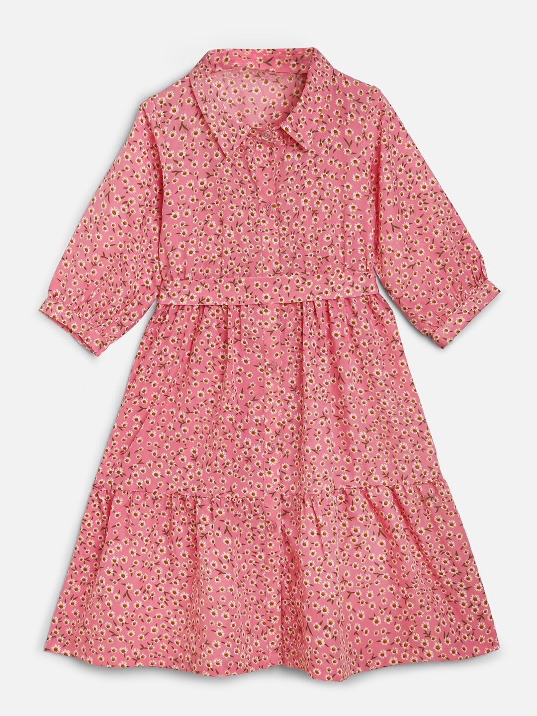 

YK Girls Pink Floral Printed A-Line Collar Neck Tiered Dress