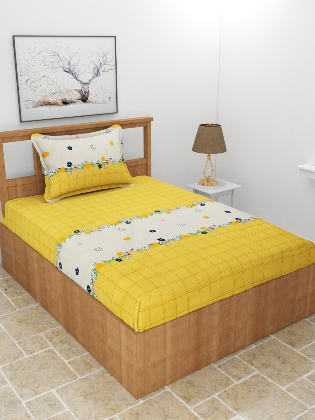 

MORADO Yellow & Green Floral 210 TC Single Fitted Bedsheet with 1 Pillow Covers