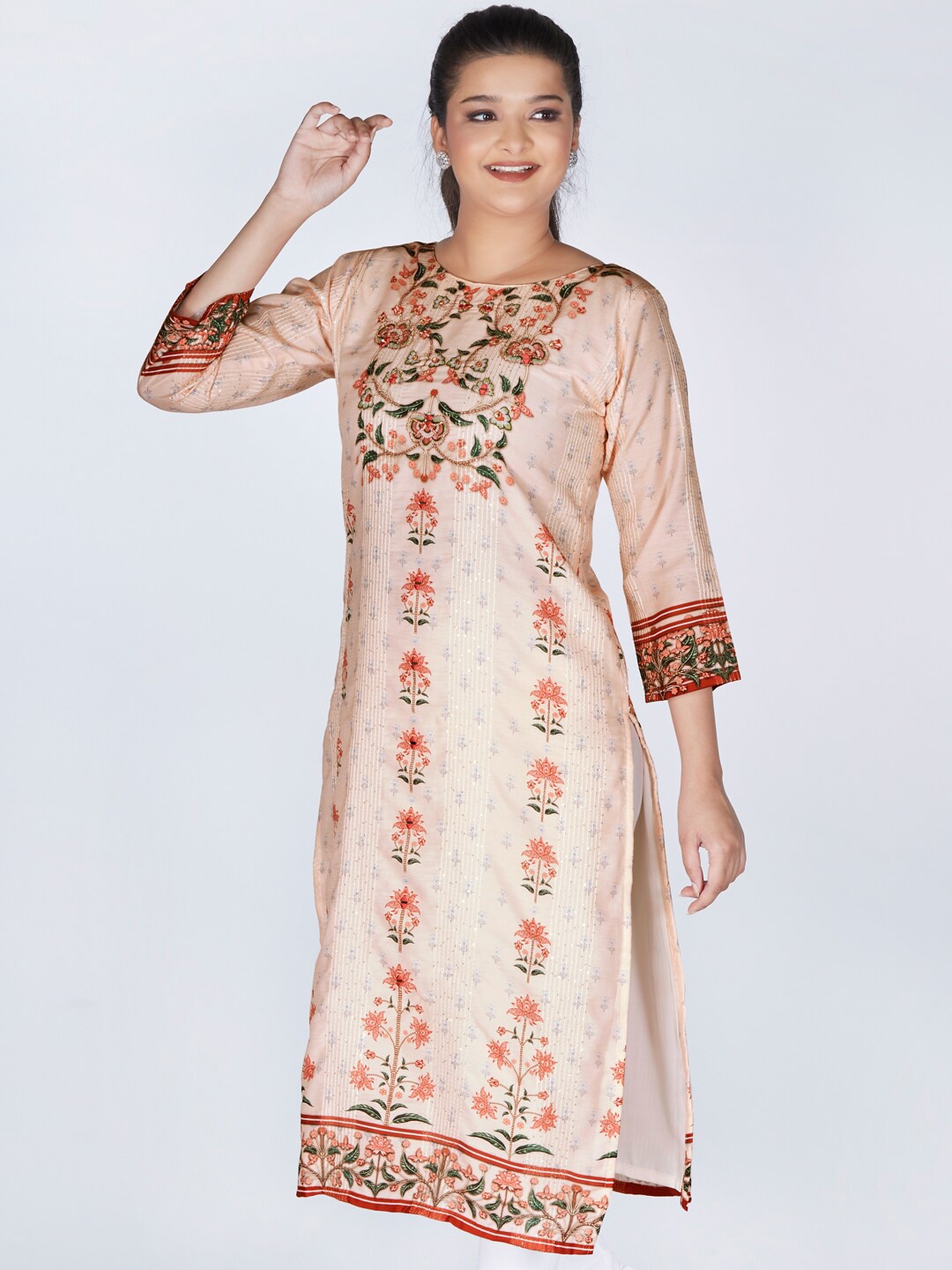 

taruni Women Peach-Coloured Printed Floral Embroidered Thread Work Kurta