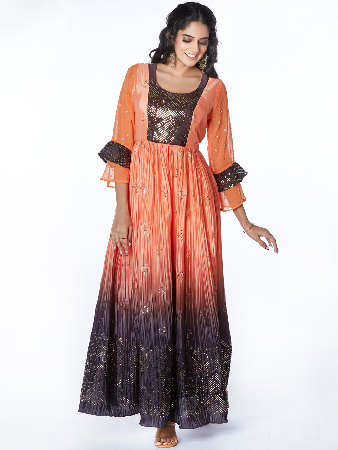 

taruni Women Orange Solid Embellished Ethnic Dress