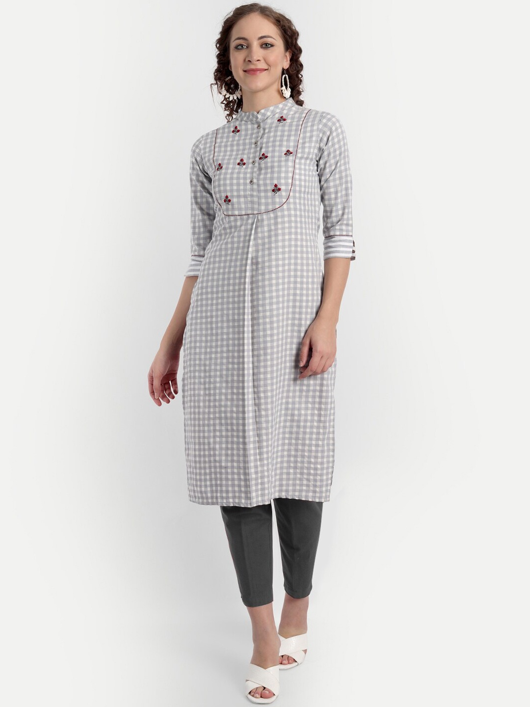 

HK colours of fashion Women Grey Checked Straight Kurta