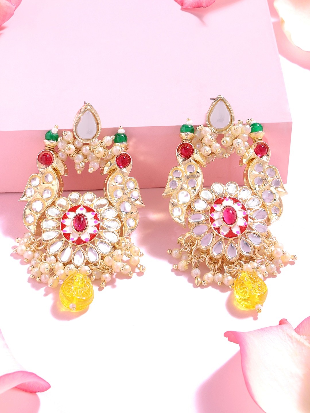 

Zaveri Pearls Gold-Toned & Yellow Contemporary Chandbalis Earrings