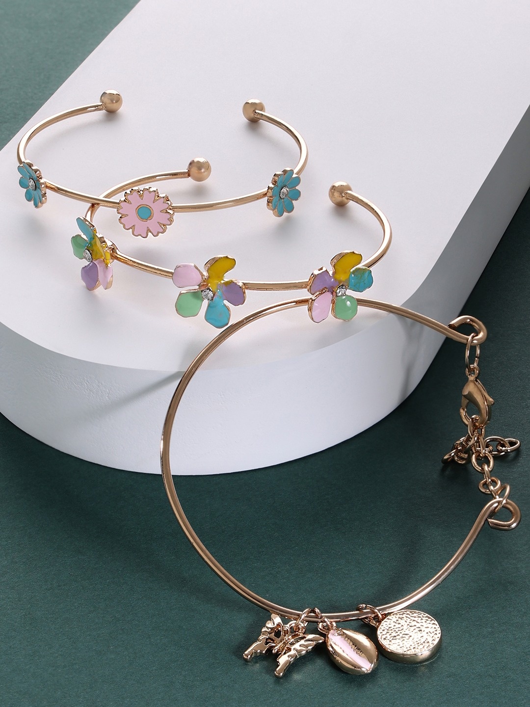 

Zaveri Pearls Women Set of 3 Pastel Colors Floral Design Contemporary Stack Bracelets, Gold