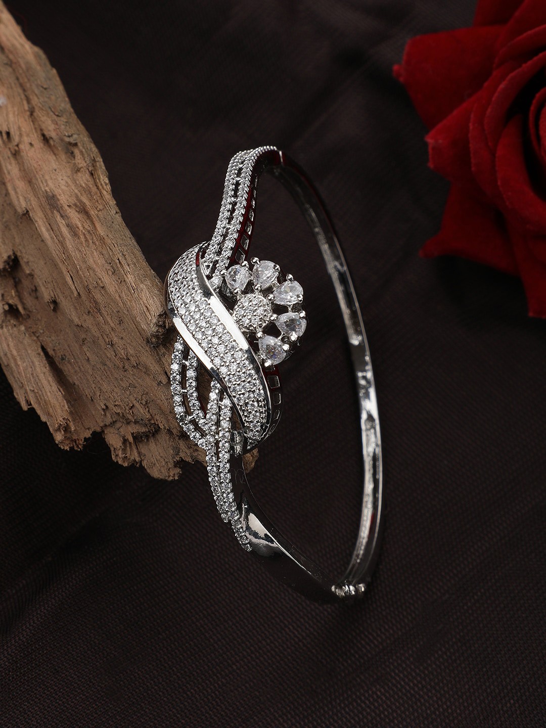 

Bhana Fashion Women Silver-Toned & American Diamond Silver-Plated Bangle-Style Bracelet