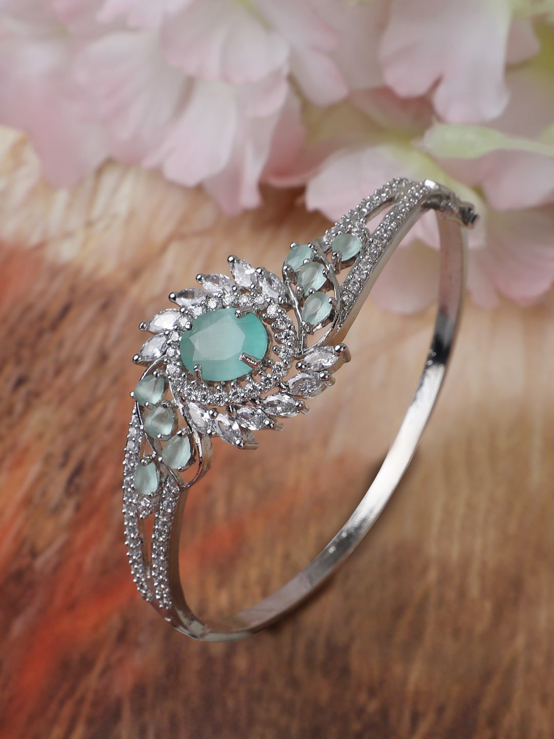 

Bhana Fashion Women Silver-Toned & Sea Green Brass American Diamond Handcrafted Silver-Plated Bangle-Style Bracelet
