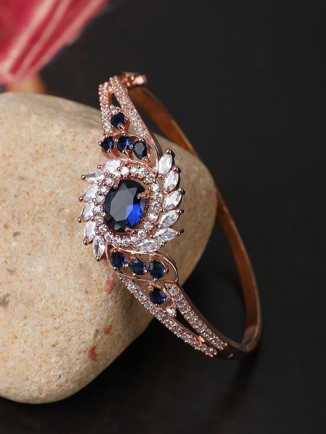 

Bhana Fashion Women Rose Gold Plated Blue and White American Diamond Floral Bracelet