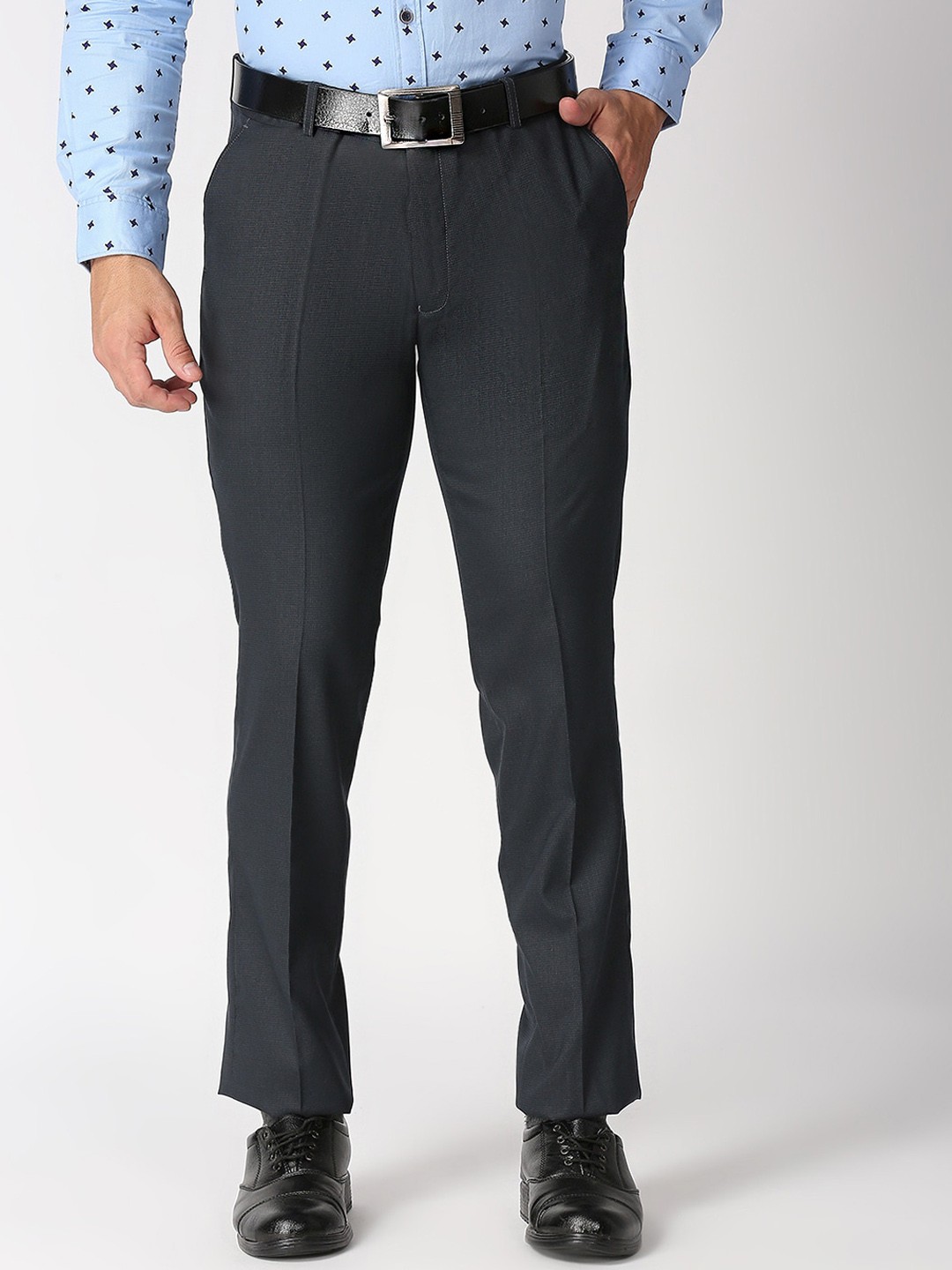 

Solemio Men Navy Blue Textured Polyester Regular Fit Formal Trousers