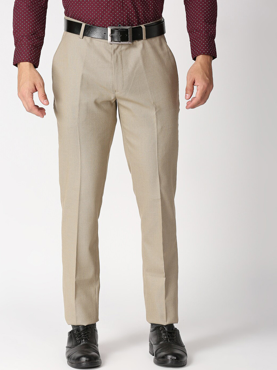 

Solemio Men Beige Textured Polyester Regular Fit Formal Trousers